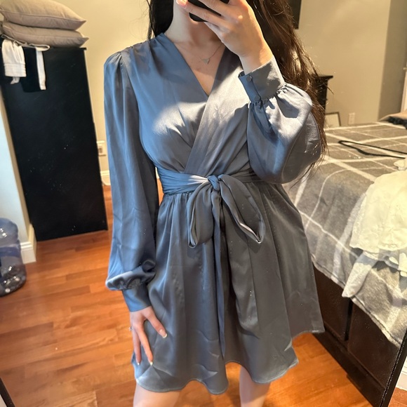 Express Satin Blue Tie Waist Dress - Picture 2 of 6